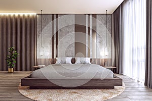 Modern interior design bedroom mock-up with big window and illuminated wooden slats