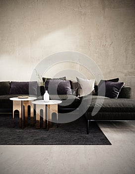 Modern interior design with black sofa and empty concrete wall background.