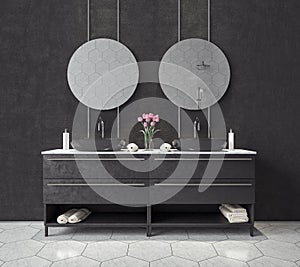 Modern interior design of black and white bathroom 3d render