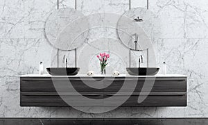 Modern interior design of black and white bathroom 3d render