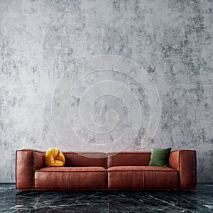 Modern interior design with brown leather sofa and grunge concrete wall background