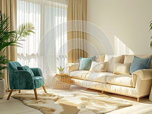 Modern interior design of cozy apartment, living room with beige sofa, turquoise armchairs.