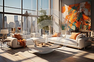 Modern interior design of cozy apartment, living room with white sofa, armchairs. AI generate