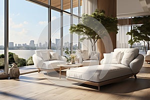 Modern interior design of cozy apartment, living room with white sofa, armchairs. AI generate