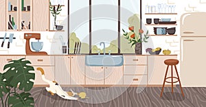 Modern interior design of cozy home kitchen with window, wooden furniture, cooking appliances, utensils, decoration