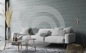 Modern interior design of cozy living room with gray sofa and coffee tables. 3d rendering