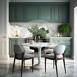 Modern Interior Design Decor Background featuring a Luxury Marble Dining Table, Sage Green Kitchen Counter with White Counter top