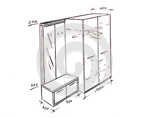 Modern interior design entrance freehand drawing.