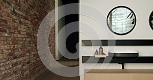 Modern Interior Design with Exposed Brick Wall and Sleek Vanity