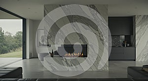 Modern interior design with fireplace and kitchen