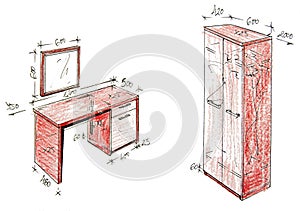 Modern interior design freehand drawing.