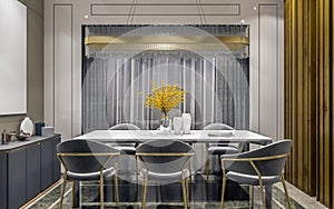 Modern interior design of grey gold dining room with side console and wooden slabs wall, dark and moody night scene