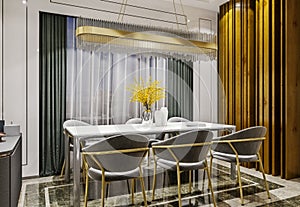 Modern interior design of grey gold dining room with side console and wooden slabs wall, dark and moody night scene