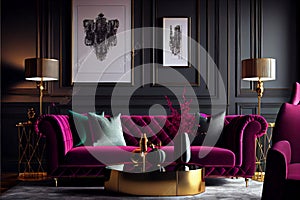 Modern interior design for home, office, interior details, upholstered furniture against the background of a dark