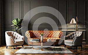 Modern interior design for home, office, upholstered furniture against the background of a dark classic wall.