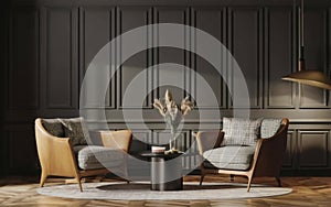 Modern interior design for home, office, upholstered furniture against the background of a dark classic wall.