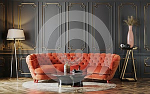 Modern interior design for home, office, upholstered furniture against the background of a dark classic wall.