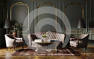 Modern interior design for home, office, upholstered furniture against the background of a dark classic wall.