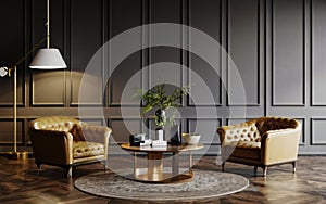 Modern interior design for home, office, upholstered furniture against the background of a dark classic wall.
