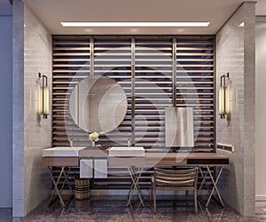 Modern interior design of hotel bathroom and vanity, double mirrors in front of large window with wooden blinds