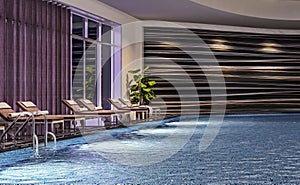 Modern interior design of indoor swimming pool with pool beds, night scene, hotel resort, spa, high contrast, dark,
