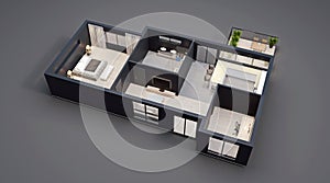 Modern interior design, isolated floor plan with black walls, blueprint of apartment, house, furniture, isometric, perspective