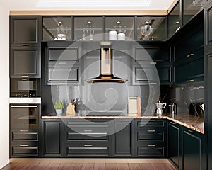 Modern interior design kitchen with black marble, black cabinets, dark gold trim and granite countertop