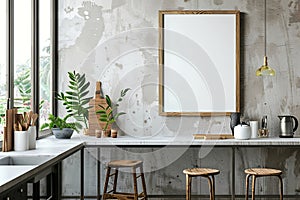 Modern interior design of kitchen space with empty wooden frame on the wall, mock up Minimalistic concept of kitchen