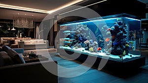 Modern interior design with large aquarium in luxury home or hotel