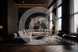 Modern interior design of the living room of an apartment house, warm colors, dark brown colors. AI Generative.