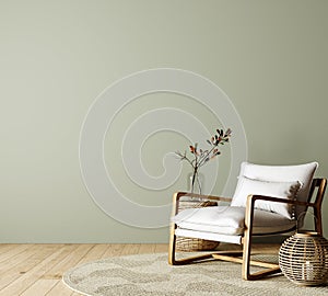 Modern interior design of living room with armchair and empty green mock up wall background