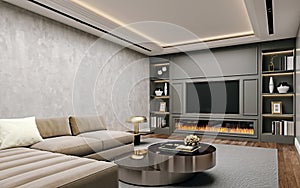 Modern interior design of living room in basement, angled close up view of tv wall with book shelves, stucco plaster photo