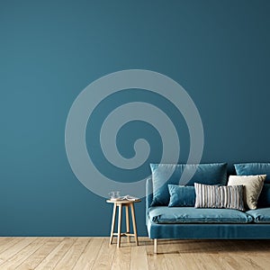 Modern interior design of living room with blue sofa and empty mock up wall background