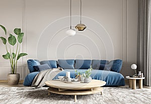 Modern interior design of living room with blue sofa and wooden coffee table. Home interior with rug. 3d rendering