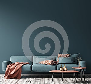 Modern interior design of living room. Blue sofa, and wooden coffee tables over blue wall with copy space. 3d rendering