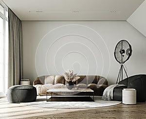 Modern interior design of living room. Contemporary home interior with empty white wall background.