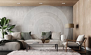 Modern interior design of living room with empty concrete wall background.