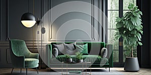 Modern interior design of living room with green sofa, floor lamp and green armchair - Generative AI
