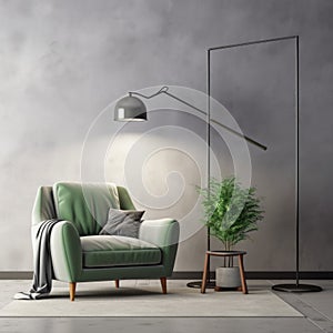 Modern interior design of living room with grey sofa, floor lamp and green armchair 3d rendering