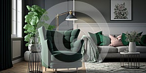 Modern interior design of living room with grey sofa, floor lamp and green armchair - Generative AI