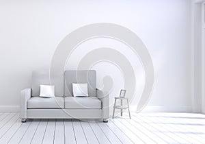 Modern interior design of living room with grey sofa with white and wooden glossy floor and photo frame. White cushions elements.