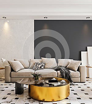 Modern interior design of living room with marble flooring and large glass door with terrace, dropped suspended ceiling, 3d