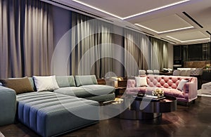 Modern interior design of living room, night scene with contrasting colors, millennial pink couch with  green blue sofa