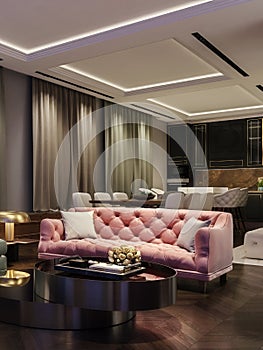 Modern interior design of living room, night scene with contrasting colors, millennial pink couch, kitchen and dinning room
