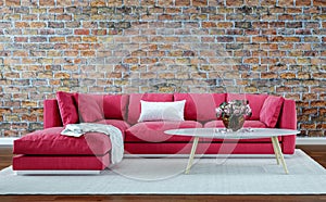 Modern interior design living room, old brick wall, retro style, red sofa