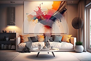 Modern interior design of the living room with a picture on the wall