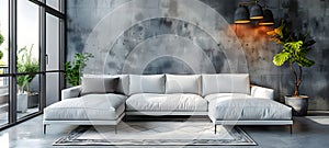 Modern interior design of living room with sofa.