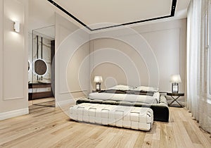 Modern interior design of master bedroom with large bathroom, king size bed with bed sheets