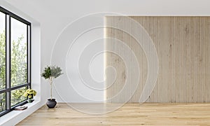 Modern interior design mock up with white walls and vertical slats panel