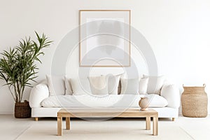 Modern interior design, Mockup poster frame on the wall of living room.AI generative